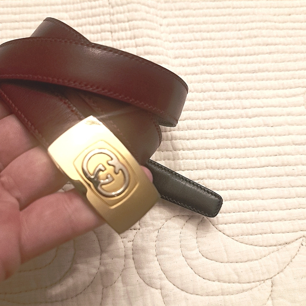 VINTAGE GUCCI BROWN /BLACK REVERSIBLE GG POST BUCKLE SKINNY BELT